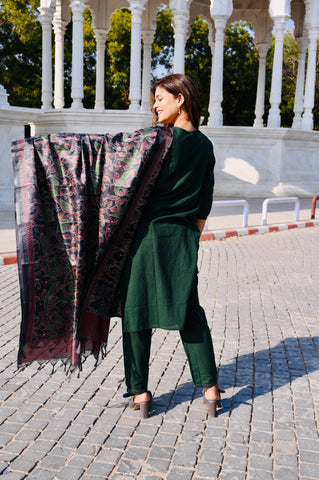 Emerald Green Cotton Khadi 3-Piece Embroidered Dress