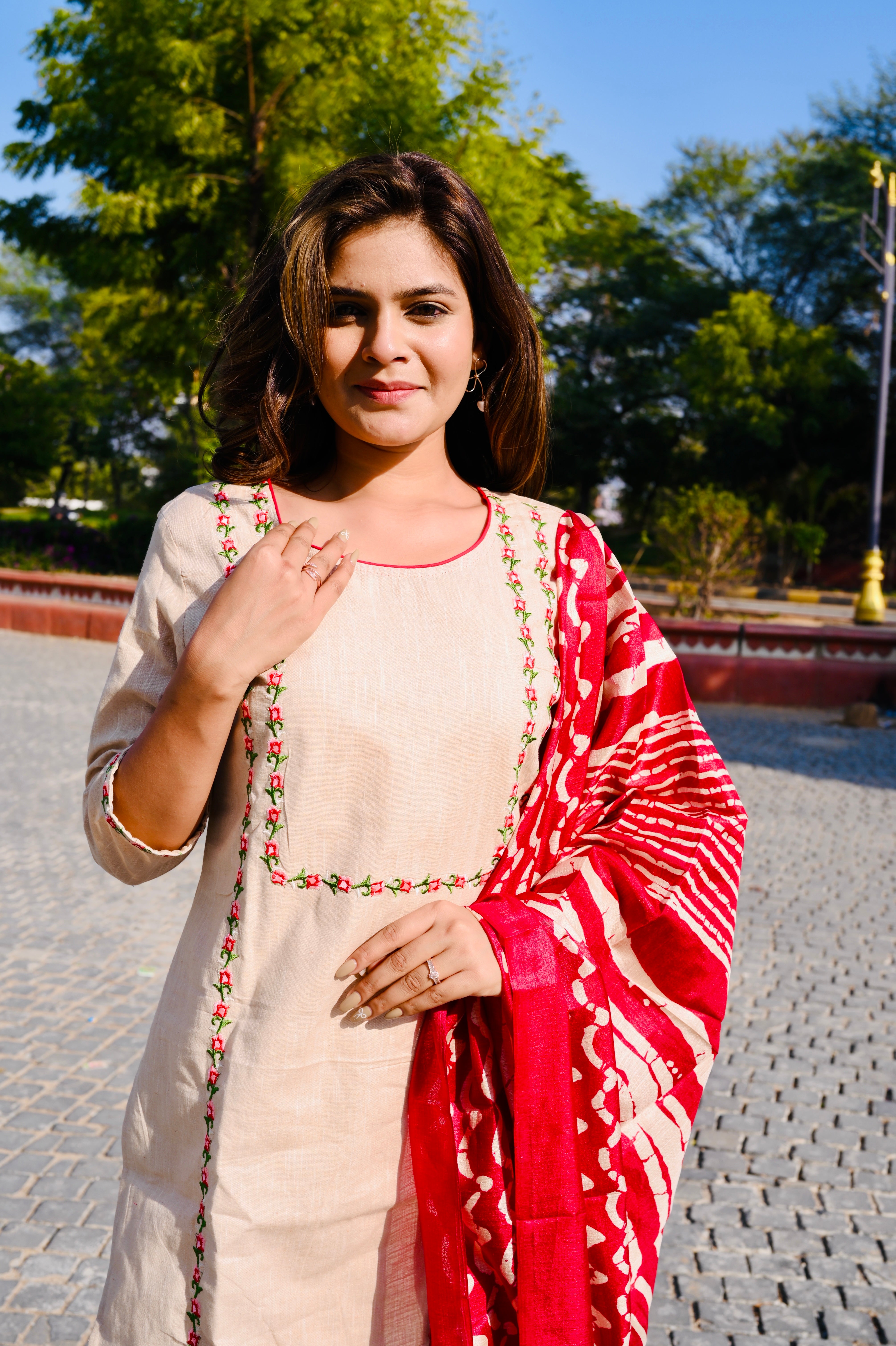 Elegant Beige Cotton Embroidery Kurti Pant Set with Red Dupatta
