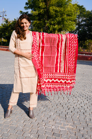 Elegant Beige Cotton Embroidery Kurti Pant Set with Red Dupatta