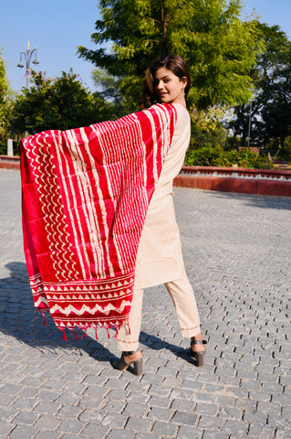 Elegant Beige Cotton Embroidery Kurti Pant Set with Red Dupatta