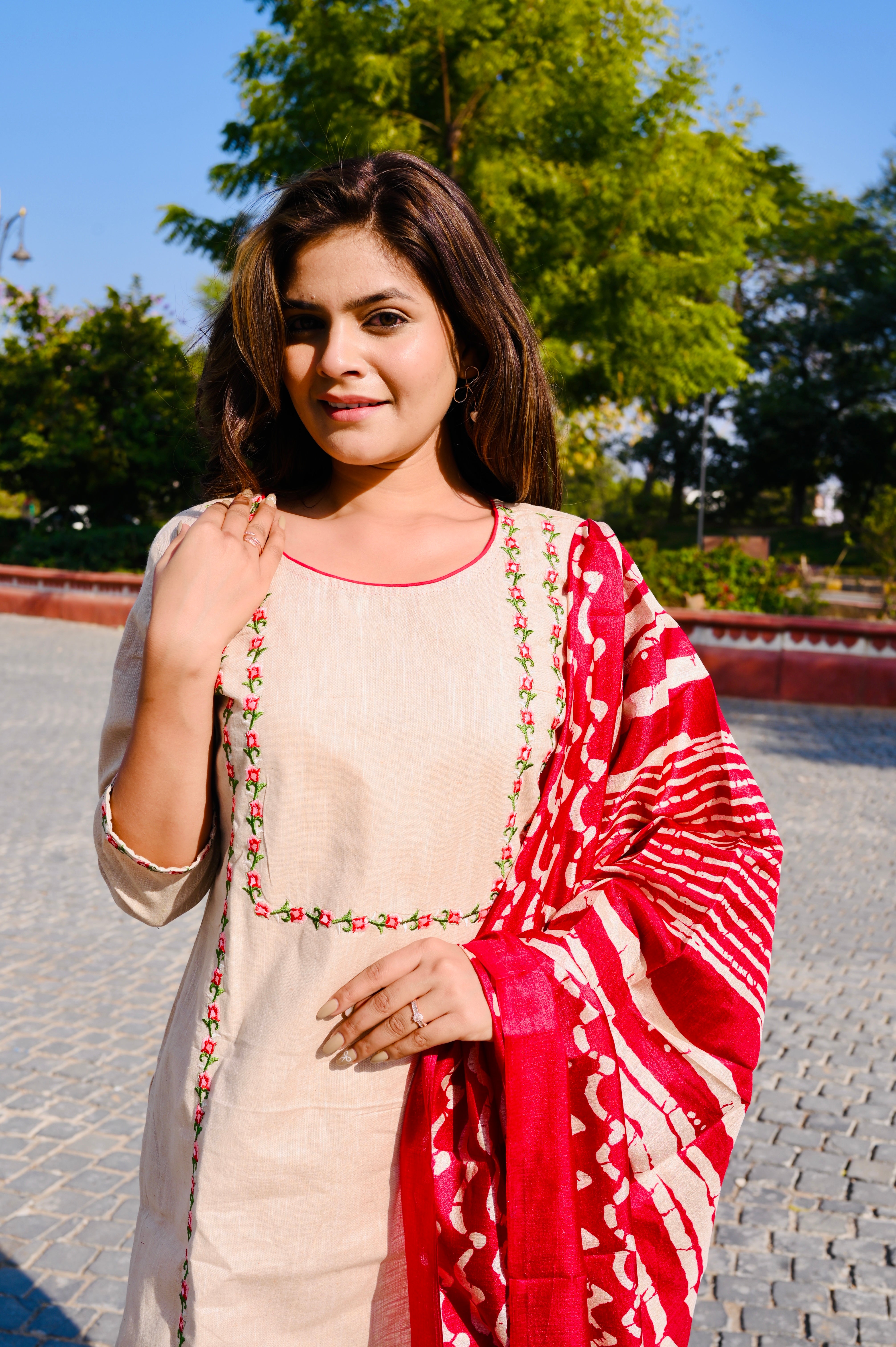Elegant Beige Cotton Embroidery Kurti Pant Set with Red Dupatta