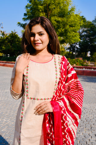 Elegant Beige Cotton Embroidery Kurti Pant Set with Red Dupatta