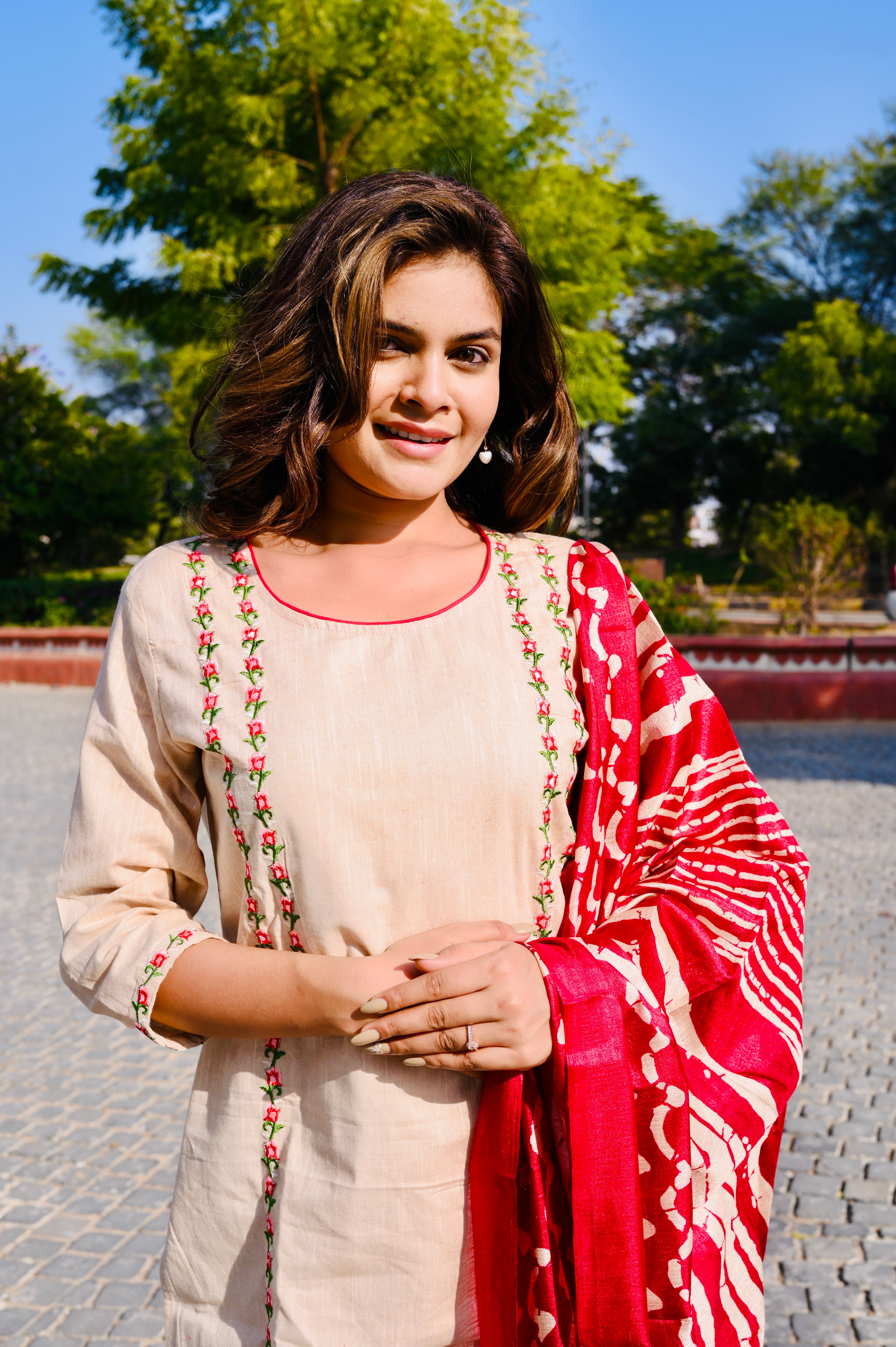 Elegant Beige Cotton Embroidery Kurti Pant Set with Red Dupatta