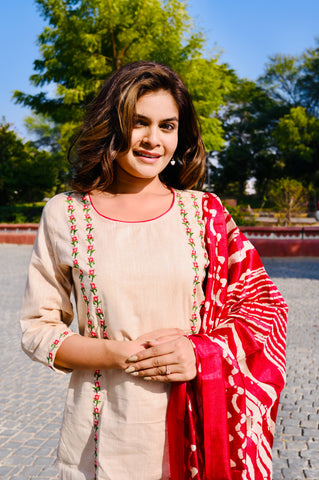 Elegant Beige Cotton Embroidery Kurti Pant Set with Red Dupatta