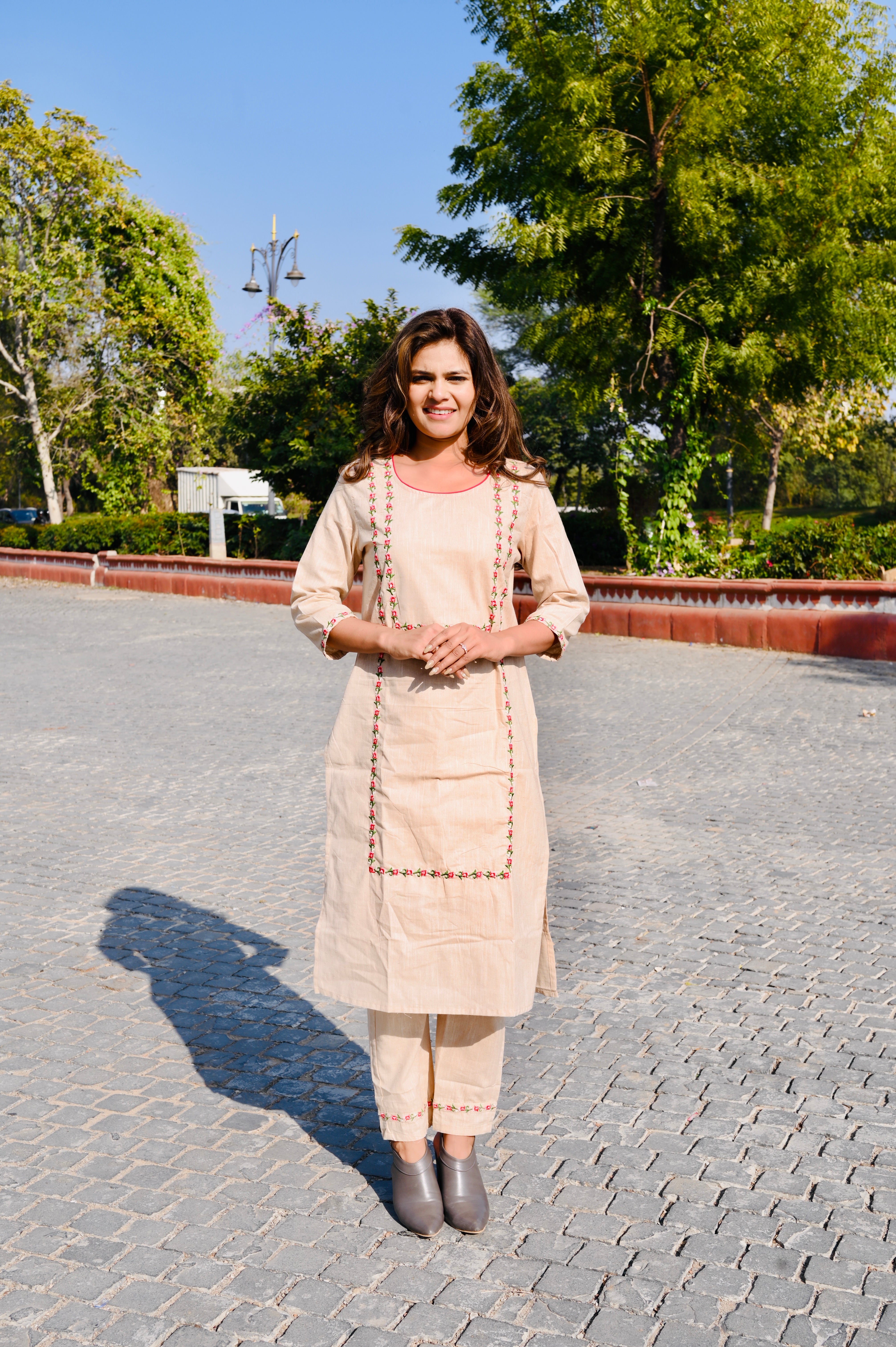Elegant Beige Cotton Embroidery Kurti Pant Set with Red Dupatta