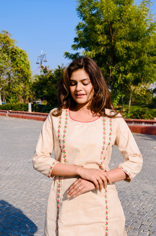 Elegant Beige Cotton Embroidery Kurti Pant Set with Red Dupatta