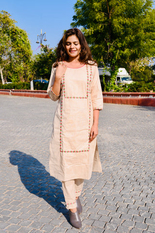 Elegant Beige Cotton Embroidery Kurti Pant Set with Red Dupatta
