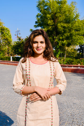 Elegant Beige Cotton Embroidery Kurti Pant Set with Red Dupatta