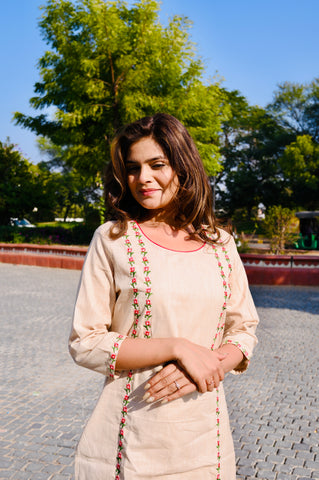 Elegant Beige Cotton Embroidery Kurti Pant Set with Red Dupatta