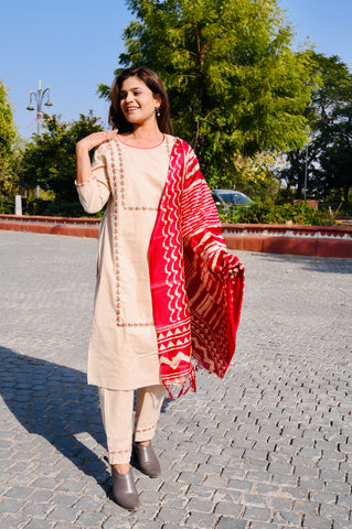 Elegant Beige Cotton Embroidery Kurti Pant Set with Red Dupatta