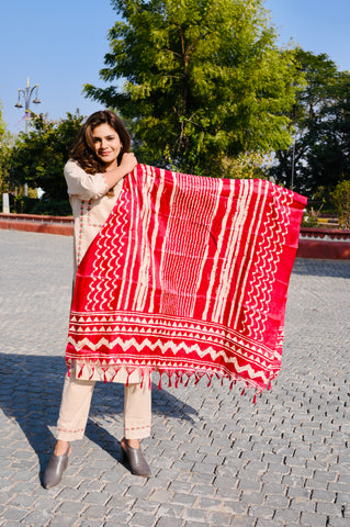 Elegant Beige Cotton Embroidery Kurti Pant Set with Red Dupatta