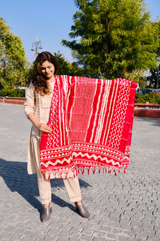 Elegant Beige Cotton Embroidery Kurti Pant Set with Red Dupatta