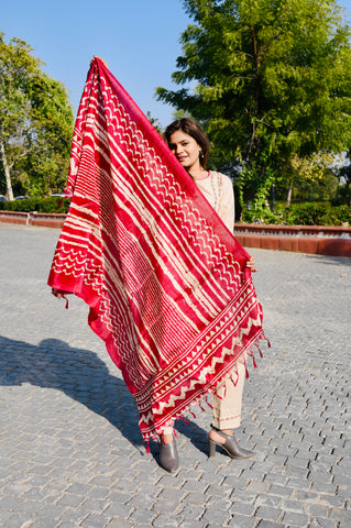 Elegant Beige Cotton Embroidery Kurti Pant Set with Red Dupatta