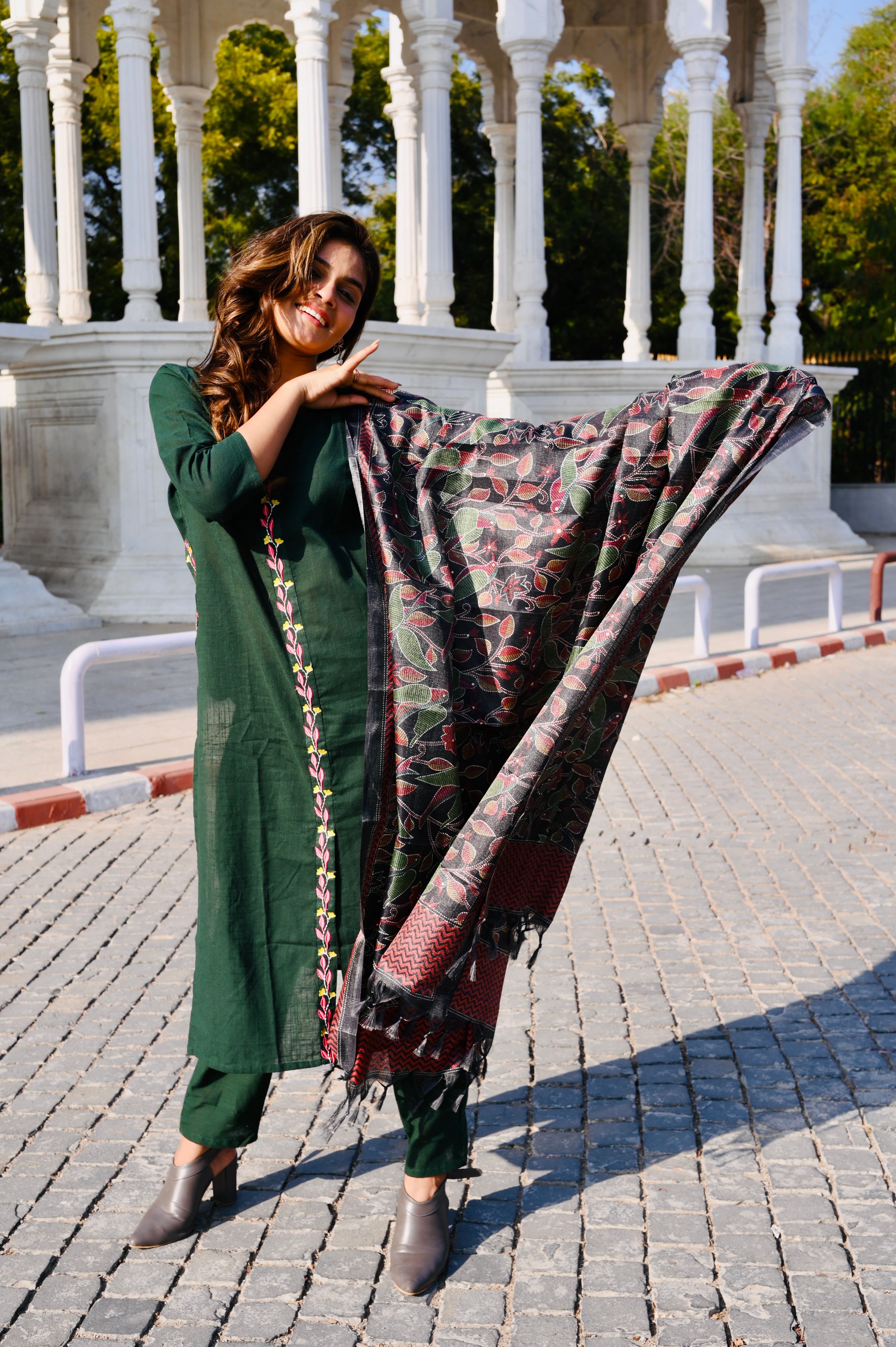 Deep Green Cotton Embroidery Kurti Pant Set with Printed Dupatta