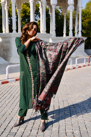 Deep Green Cotton Embroidery Kurti Pant Set with Printed Dupatta