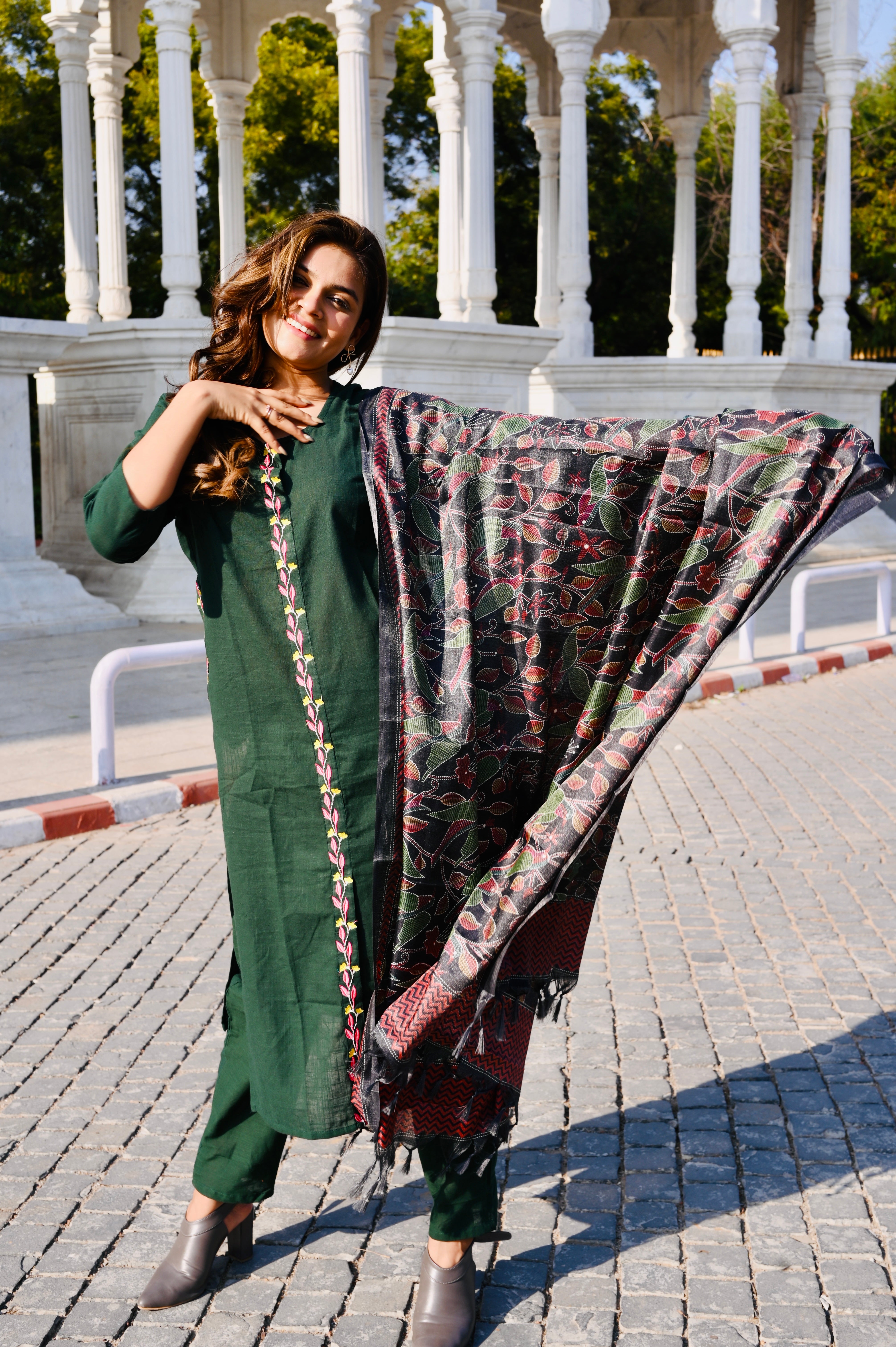 Deep Green Cotton Embroidery Kurti Pant Set with Printed Dupatta
