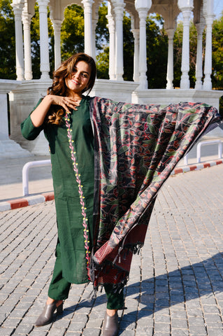 Deep Green Cotton Embroidery Kurti Pant Set with Printed Dupatta