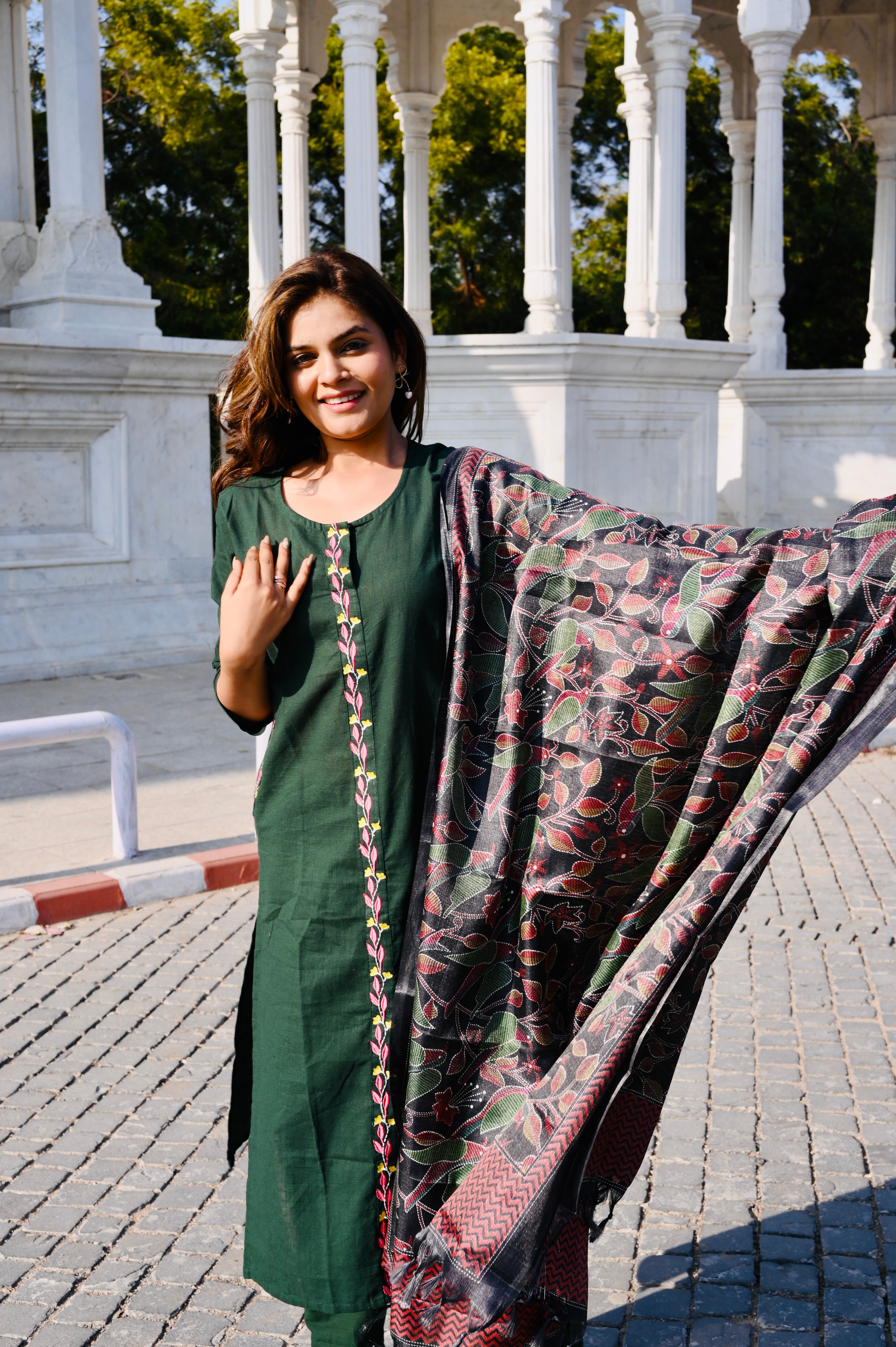 Deep Green Cotton Embroidery Kurti Pant Set with Printed Dupatta