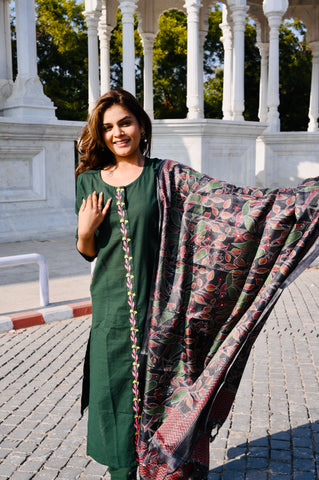 Deep Green Cotton Embroidery Kurti Pant Set with Printed Dupatta