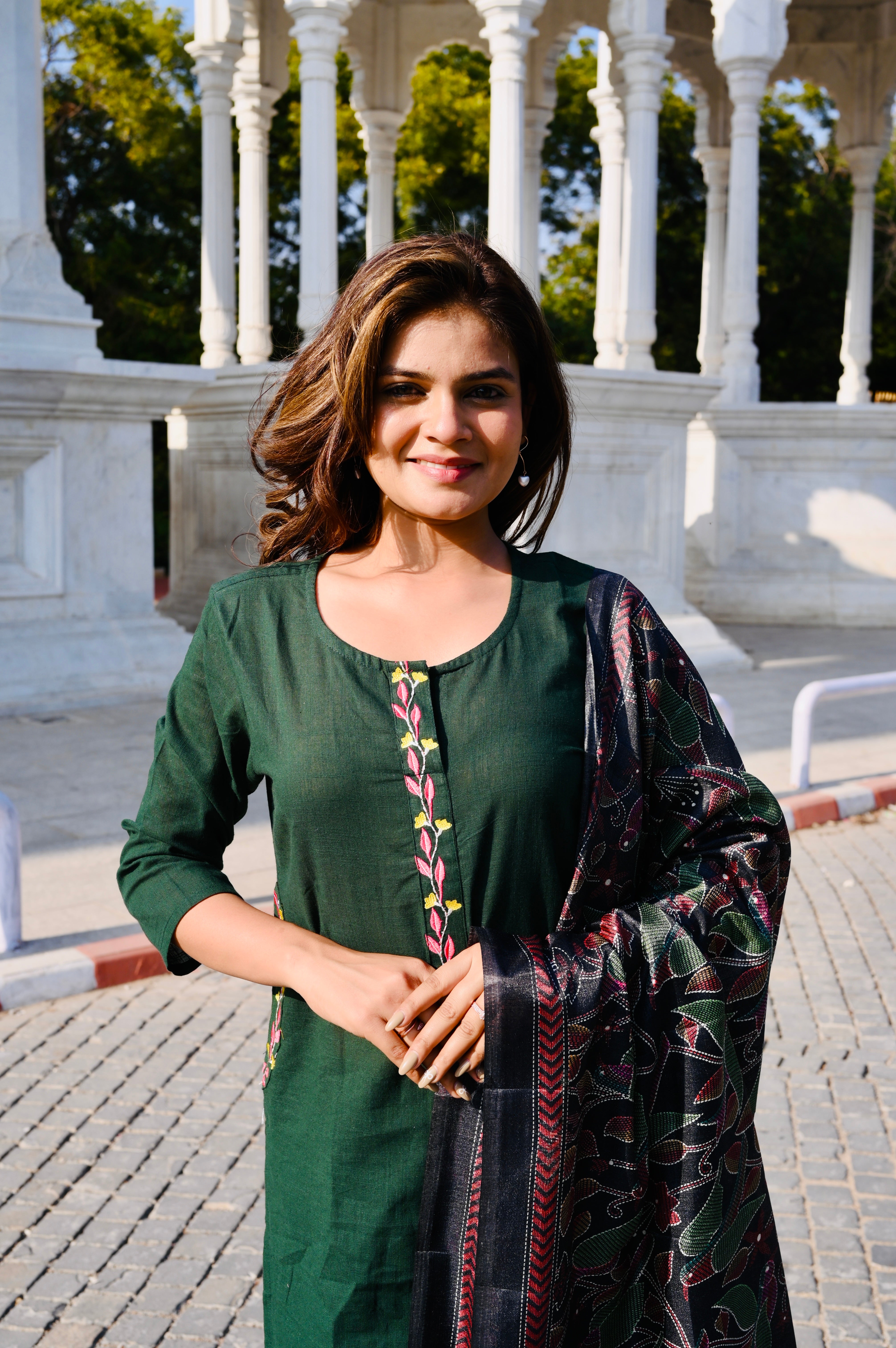 Deep Green Cotton Embroidery Kurti Pant Set with Printed Dupatta