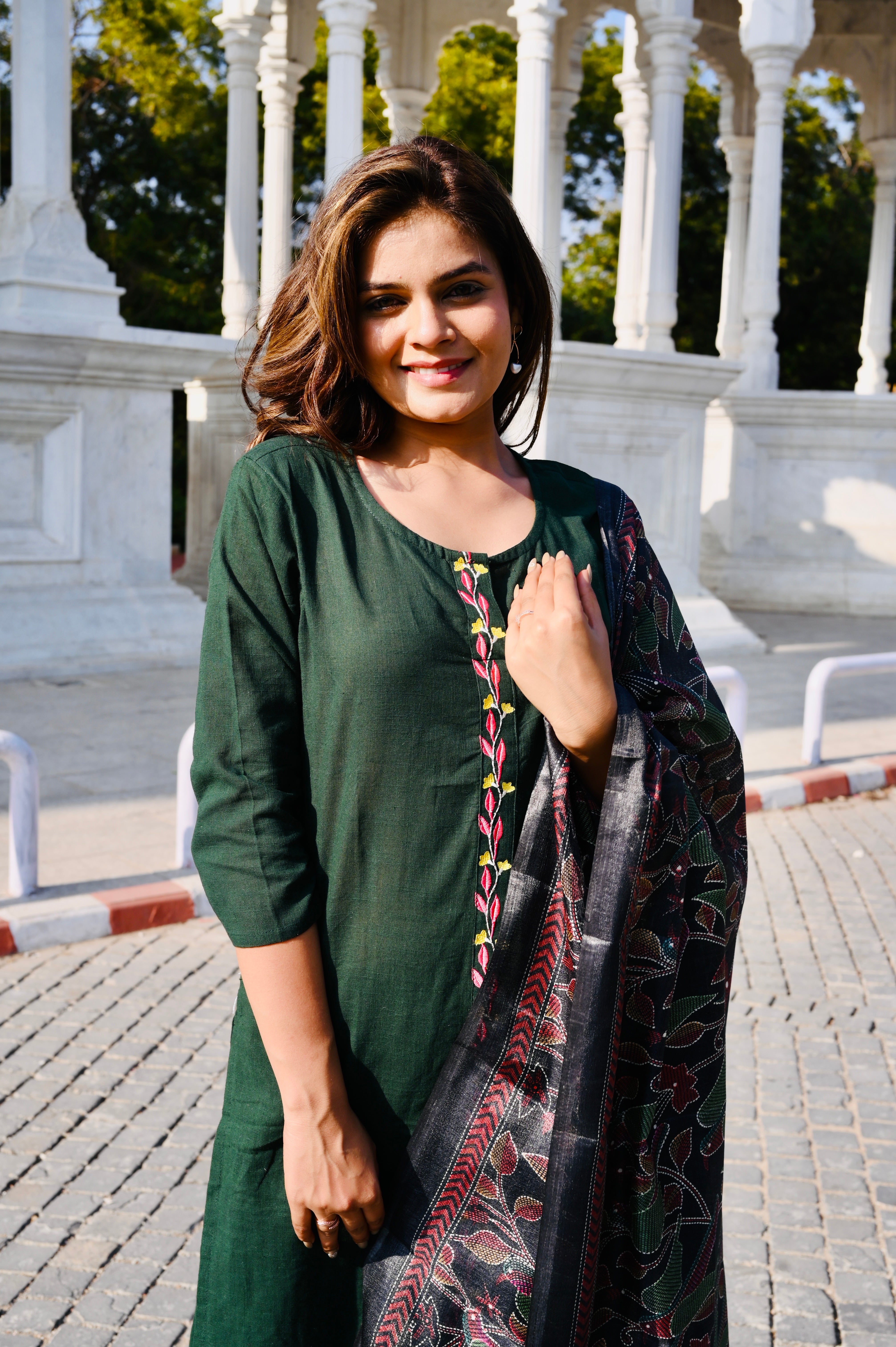 Deep Green Cotton Embroidery Kurti Pant Set with Printed Dupatta