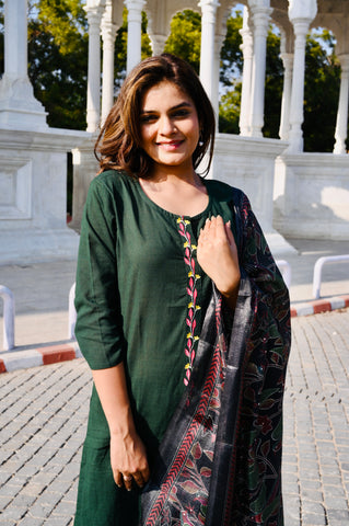Deep Green Cotton Embroidery Kurti Pant Set with Printed Dupatta