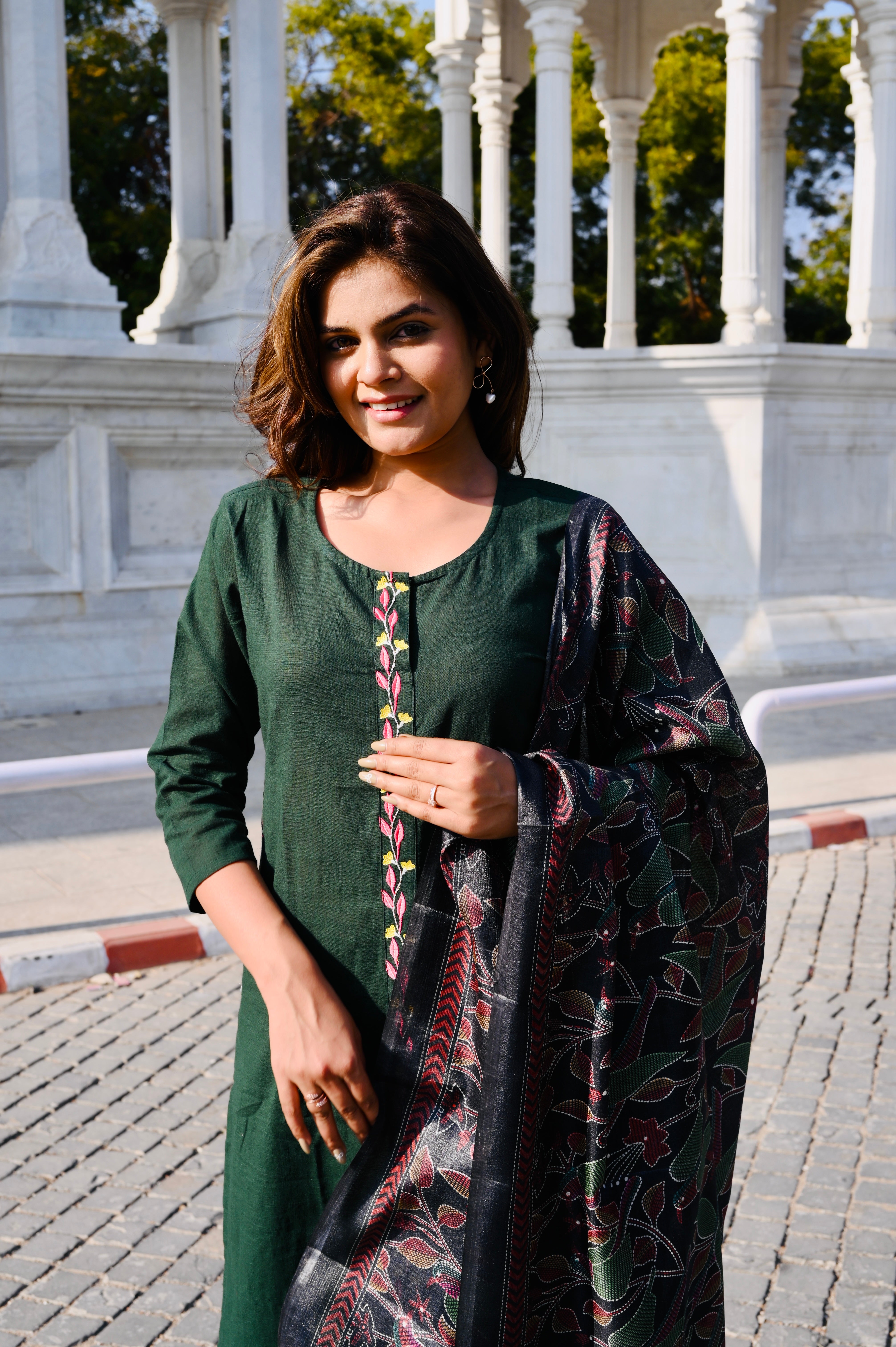 Deep Green Cotton Embroidery Kurti Pant Set with Printed Dupatta