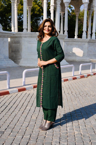 Deep Green Cotton Embroidery Kurti Pant Set with Printed Dupatta