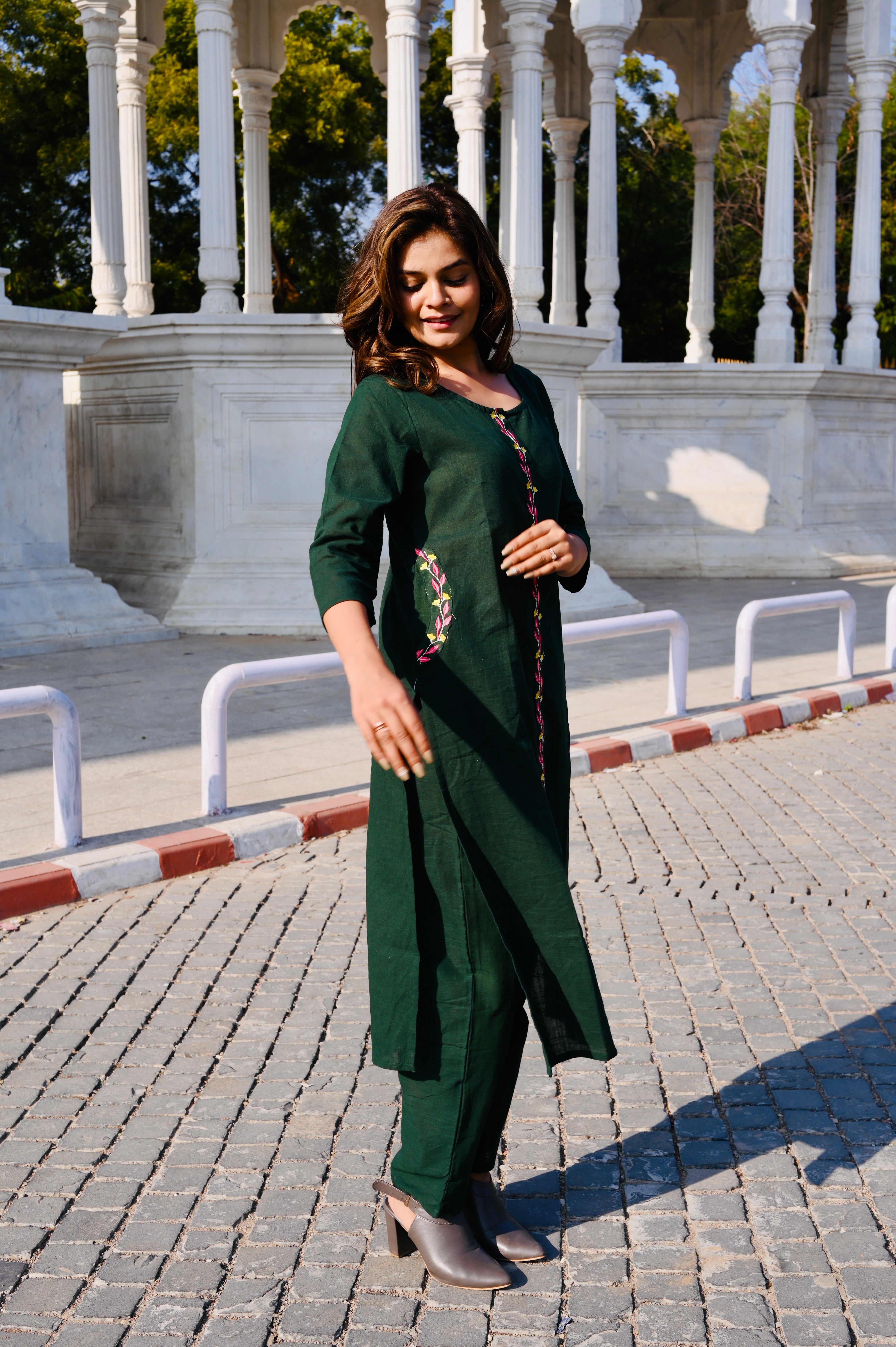 Deep Green Cotton Embroidery Kurti Pant Set with Printed Dupatta