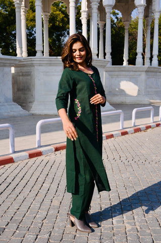 Deep Green Cotton Embroidery Kurti Pant Set with Printed Dupatta