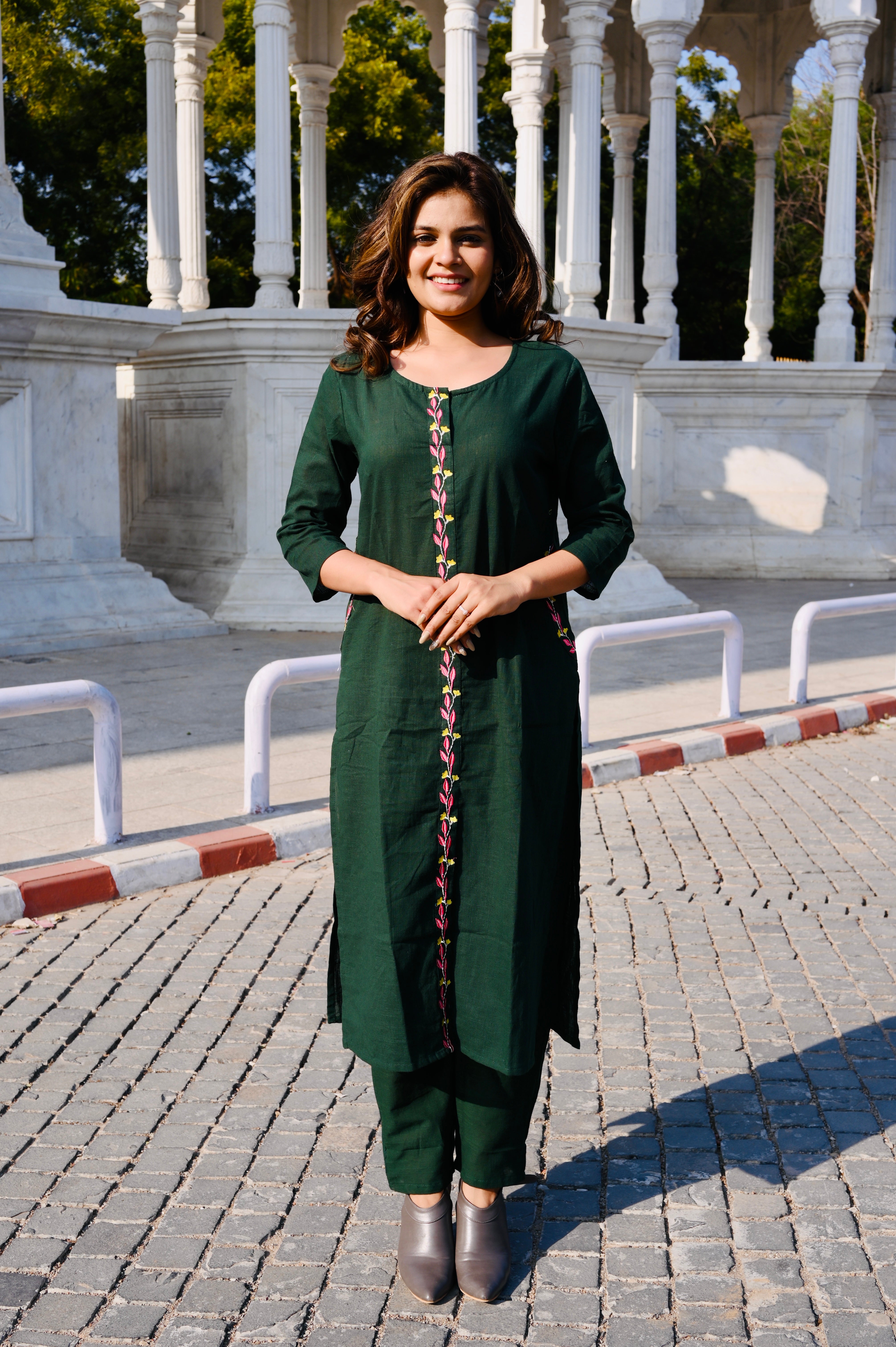 Deep Green Cotton Embroidery Kurti Pant Set with Printed Dupatta