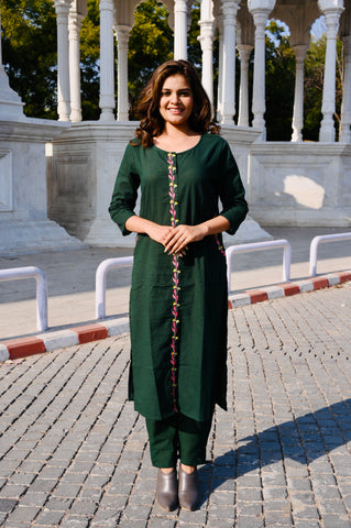 Deep Green Cotton Embroidery Kurti Pant Set with Printed Dupatta