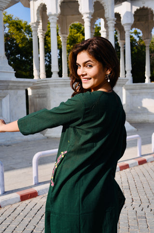 Deep Green Cotton Embroidery Kurti Pant Set with Printed Dupatta