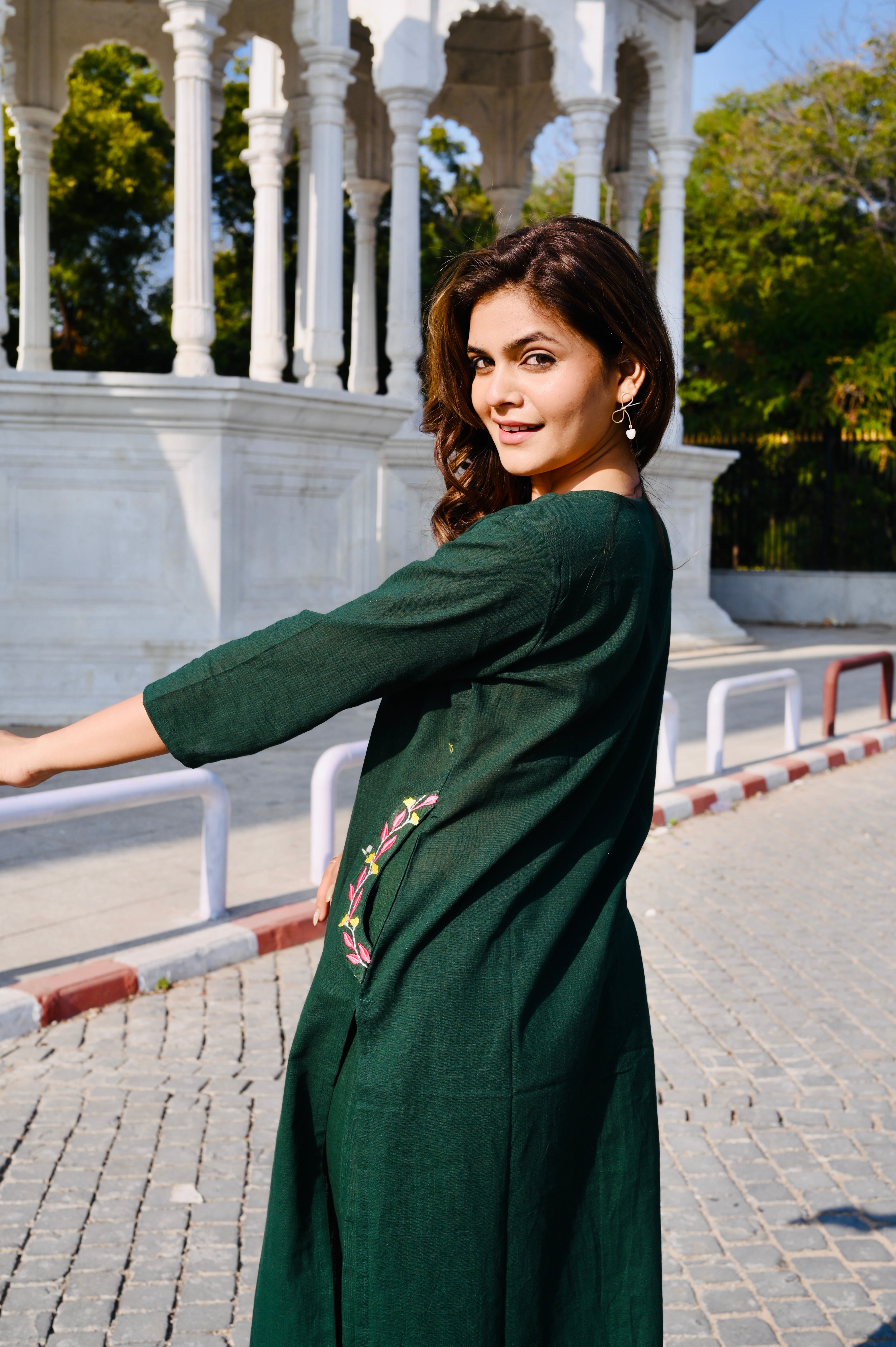 Deep Green Cotton Embroidery Kurti Pant Set with Printed Dupatta