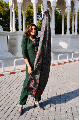 Deep Green Cotton Embroidery Kurti Pant Set with Printed Dupatta