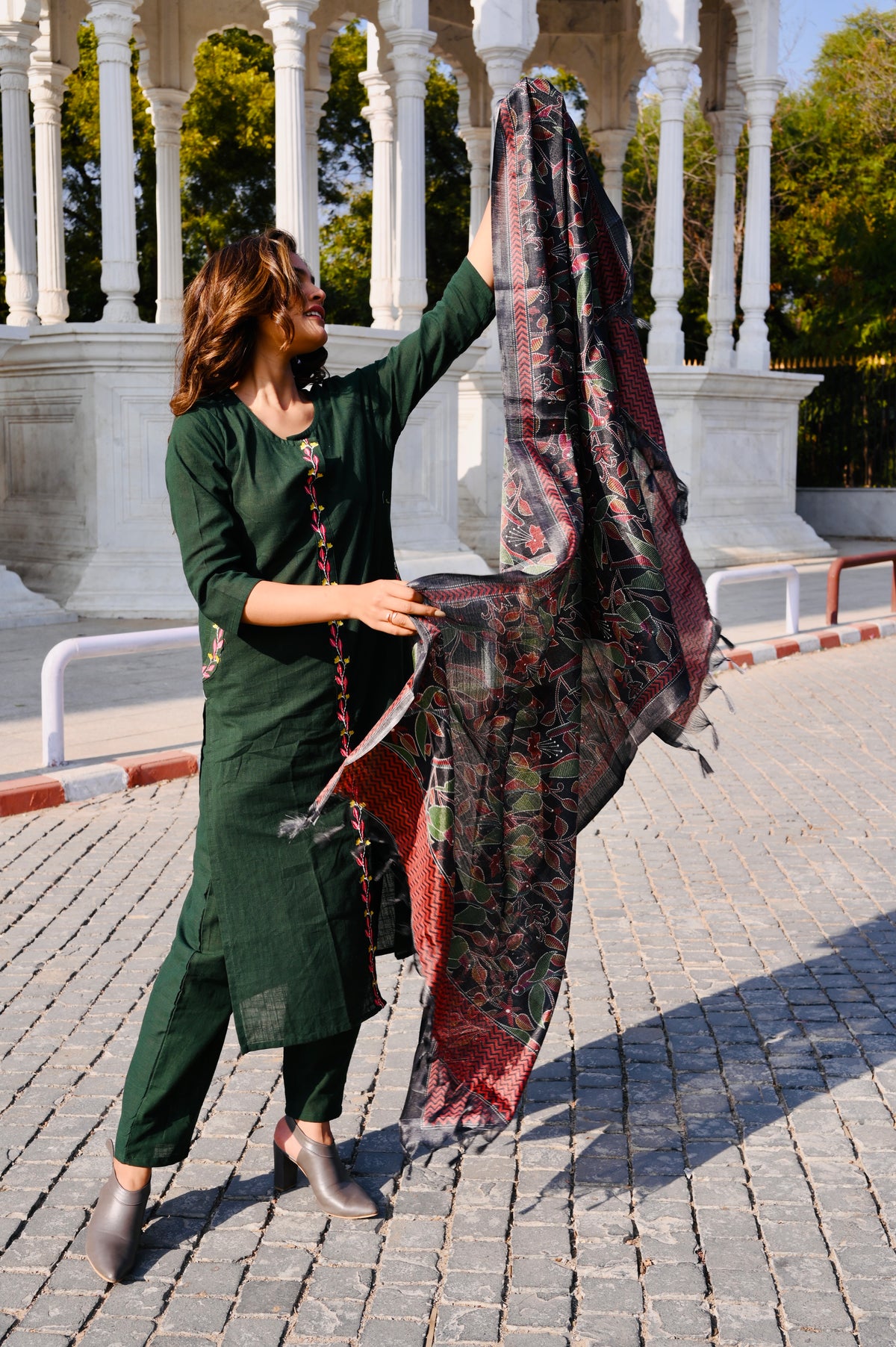 Deep Green Cotton Embroidery Kurti Pant Set with Printed Dupatta