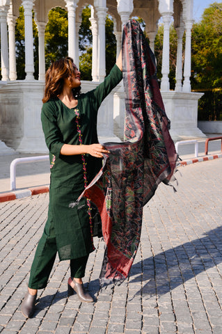 Deep Green Cotton Embroidery Kurti Pant Set with Printed Dupatta