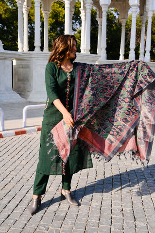 Deep Green Cotton Embroidery Kurti Pant Set with Printed Dupatta