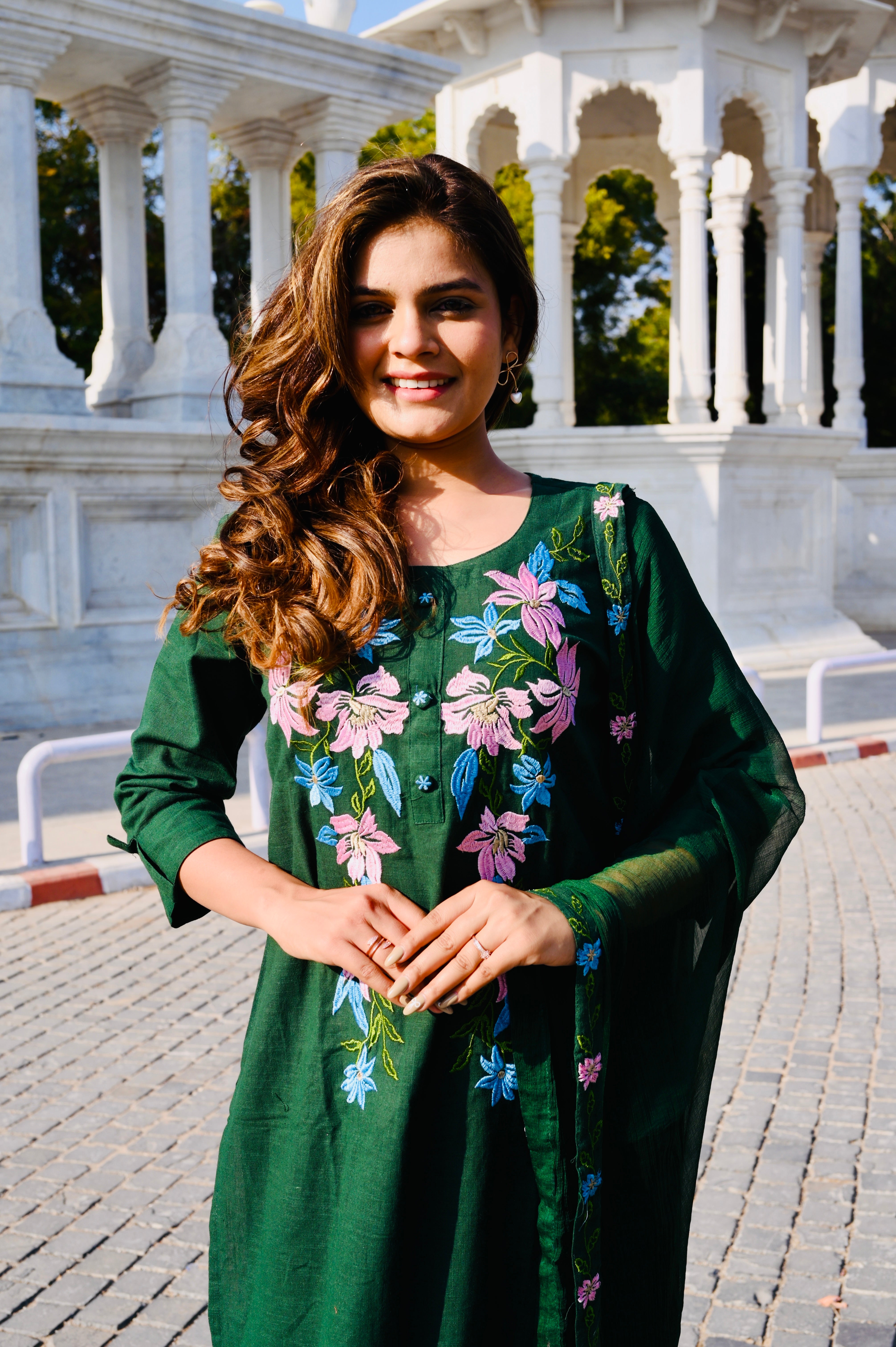 Floral Embroidered Green Cotton Kurti Pant Set with Dupatta