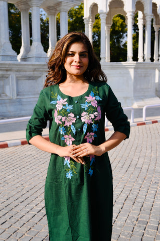 Floral Embroidered Green Cotton Kurti Pant Set with Dupatta