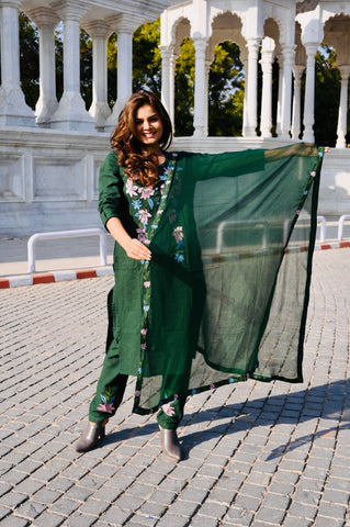 Floral Embroidered Green Cotton Kurti Pant Set with Dupatta