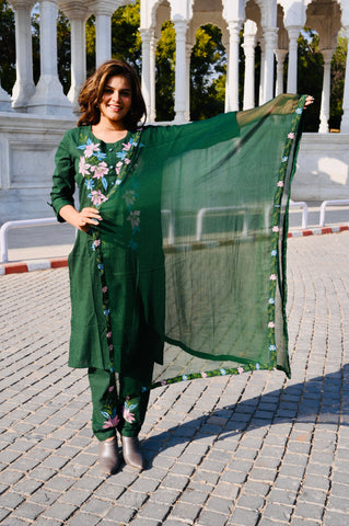 Floral Embroidered Green Cotton Kurti Pant Set with Dupatta