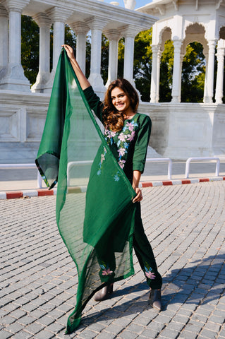Floral Embroidered Green Cotton Kurti Pant Set with Dupatta