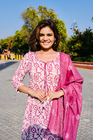 Pink Handblock-Inspired Cotton Kurti Pant Set with Dupatta