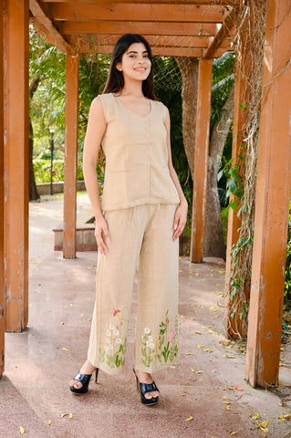 Handcrafted Cotton Khadi Co-Ord Set with Floral Embroidery