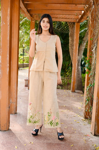 Handcrafted Cotton Khadi Co-Ord Set with Floral Embroidery
