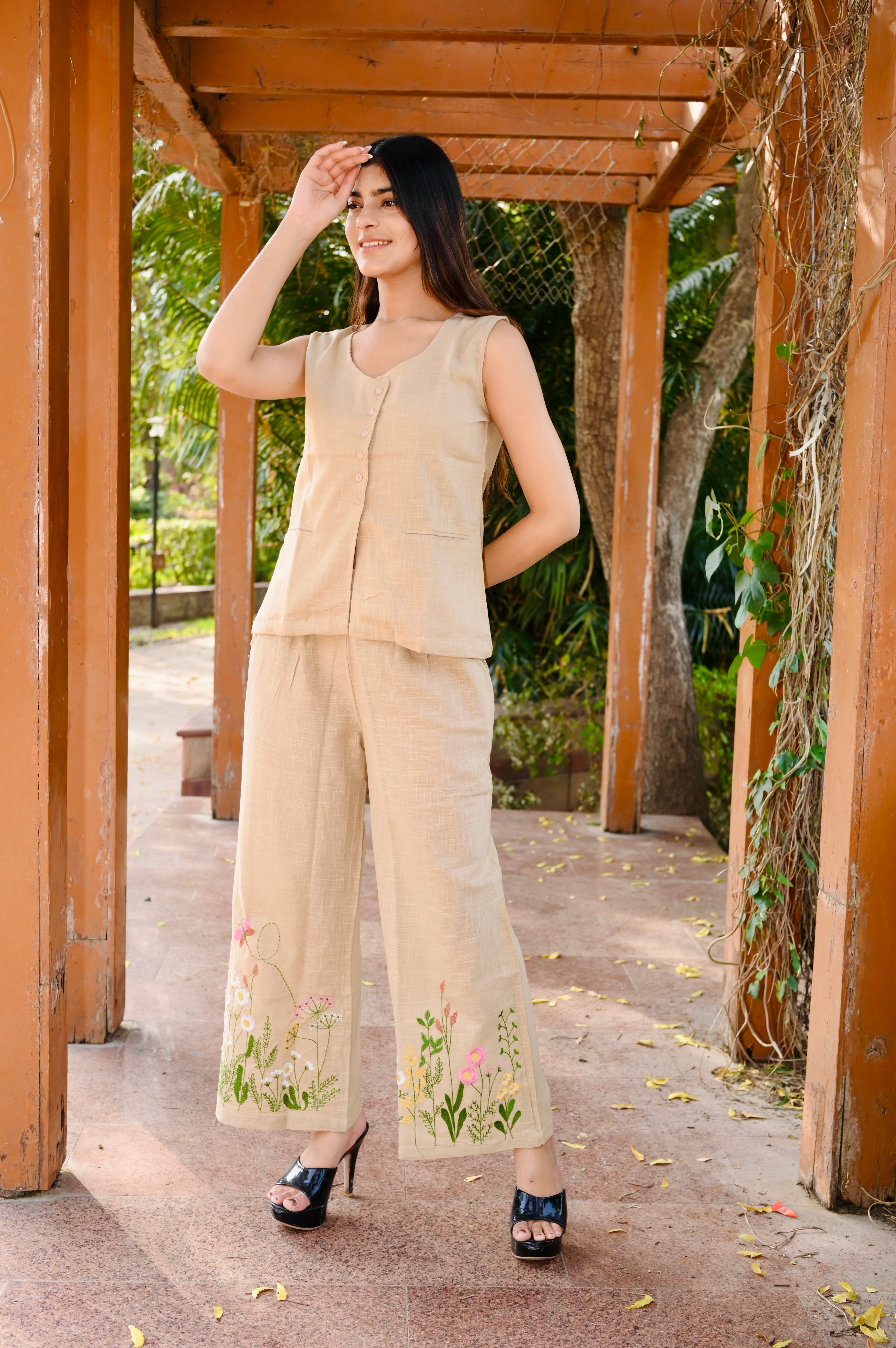 Handcrafted Cotton Khadi Co-Ord Set with Floral Embroidery