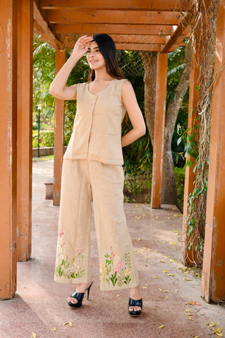 Handcrafted Cotton Khadi Co-Ord Set with Floral Embroidery