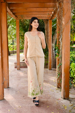 Handcrafted Cotton Khadi Co-Ord Set with Floral Embroidery