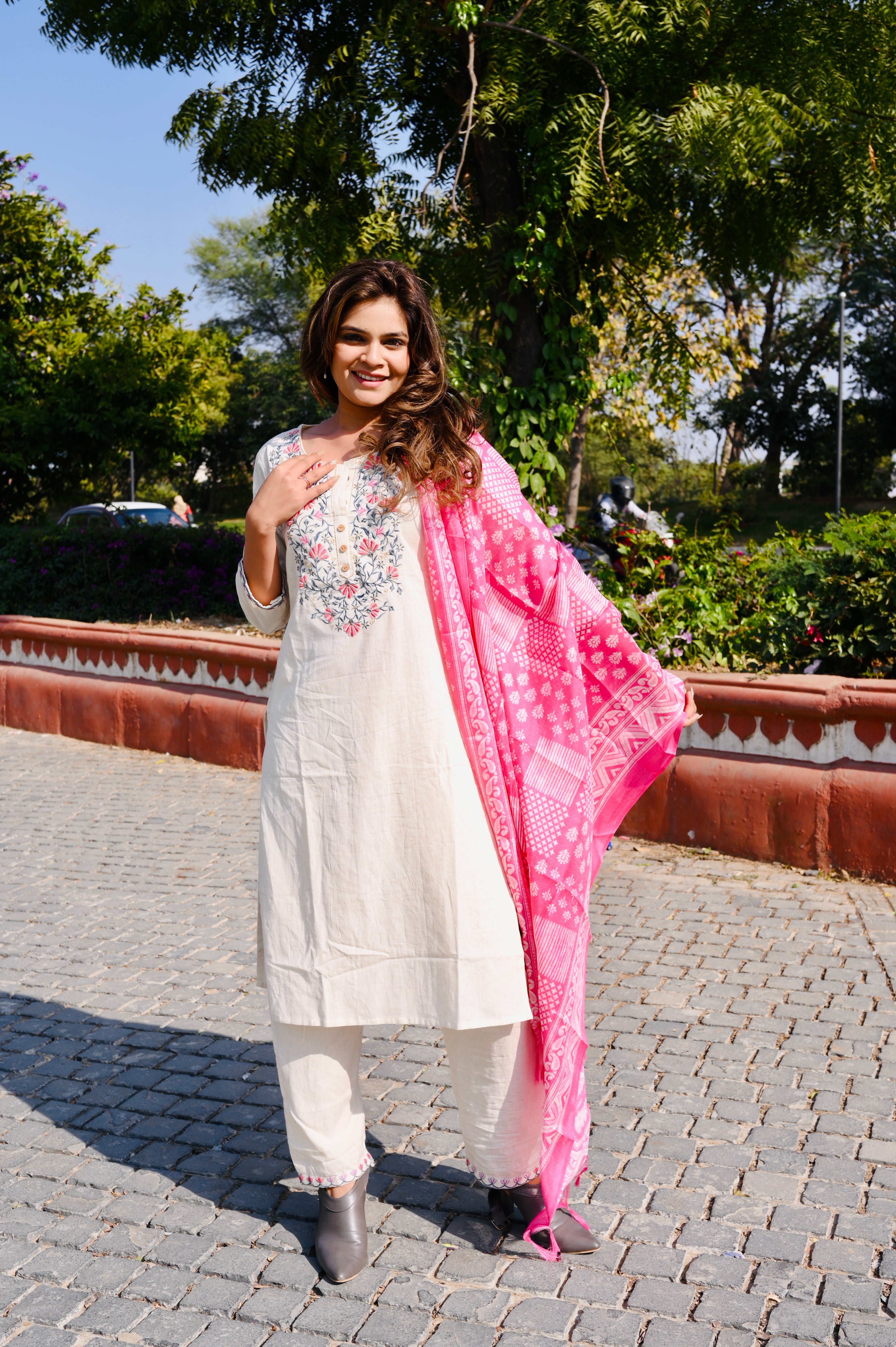 Cotton Khadi Embroidered 3-Piece Dress